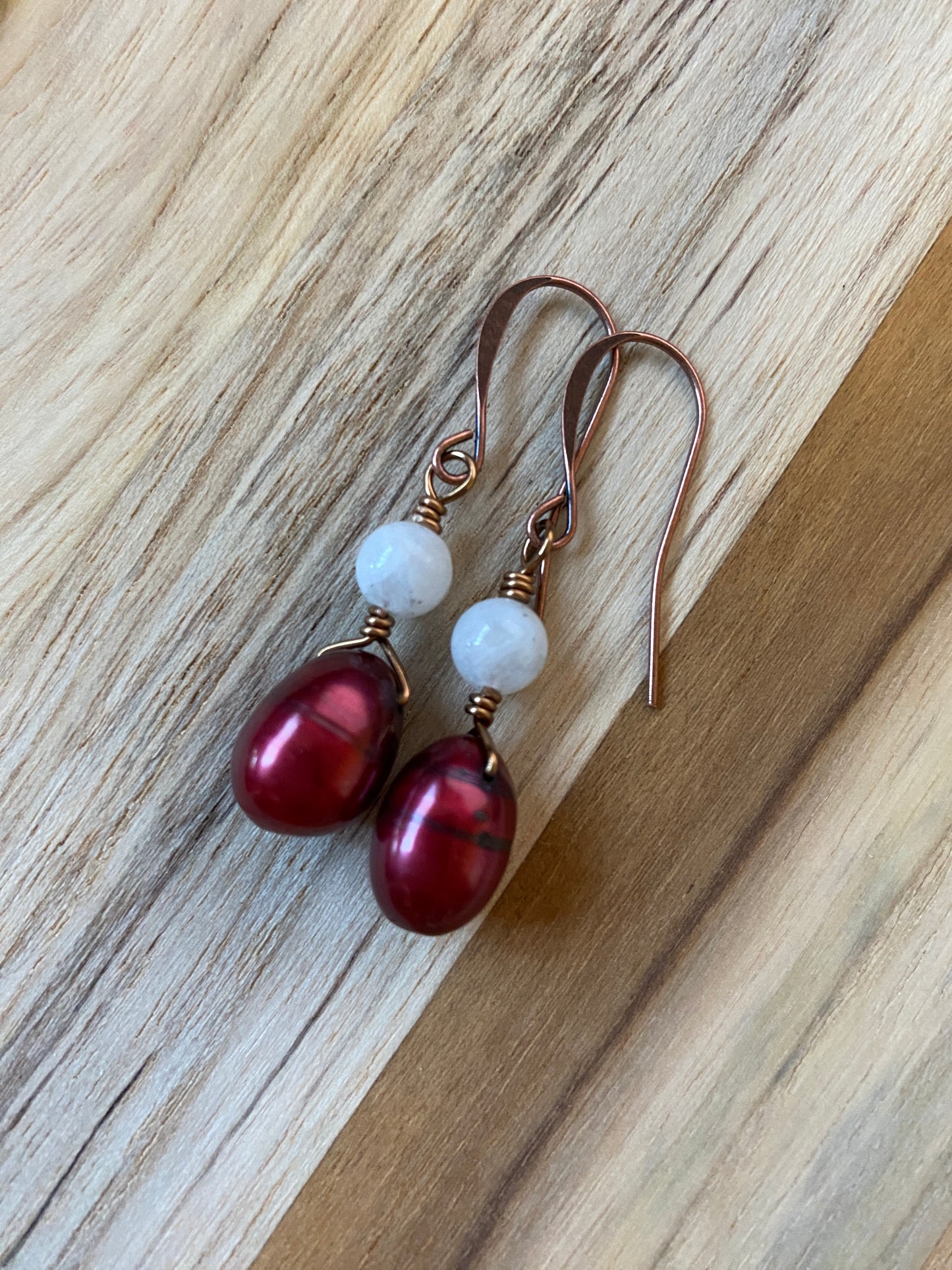 Cranberry Freshwater Pearl and Moonstone Dangle Earrings