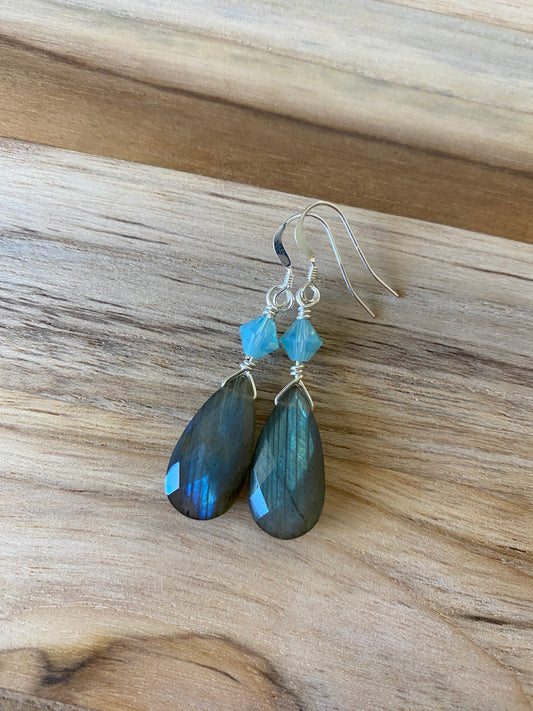 Blue/Green Flash Labradorite Dangle Earrings with Crystal