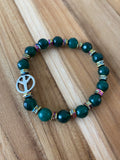 Green Faceted Agate Stretch Bracelet with Peace Sign ~ 6.5”