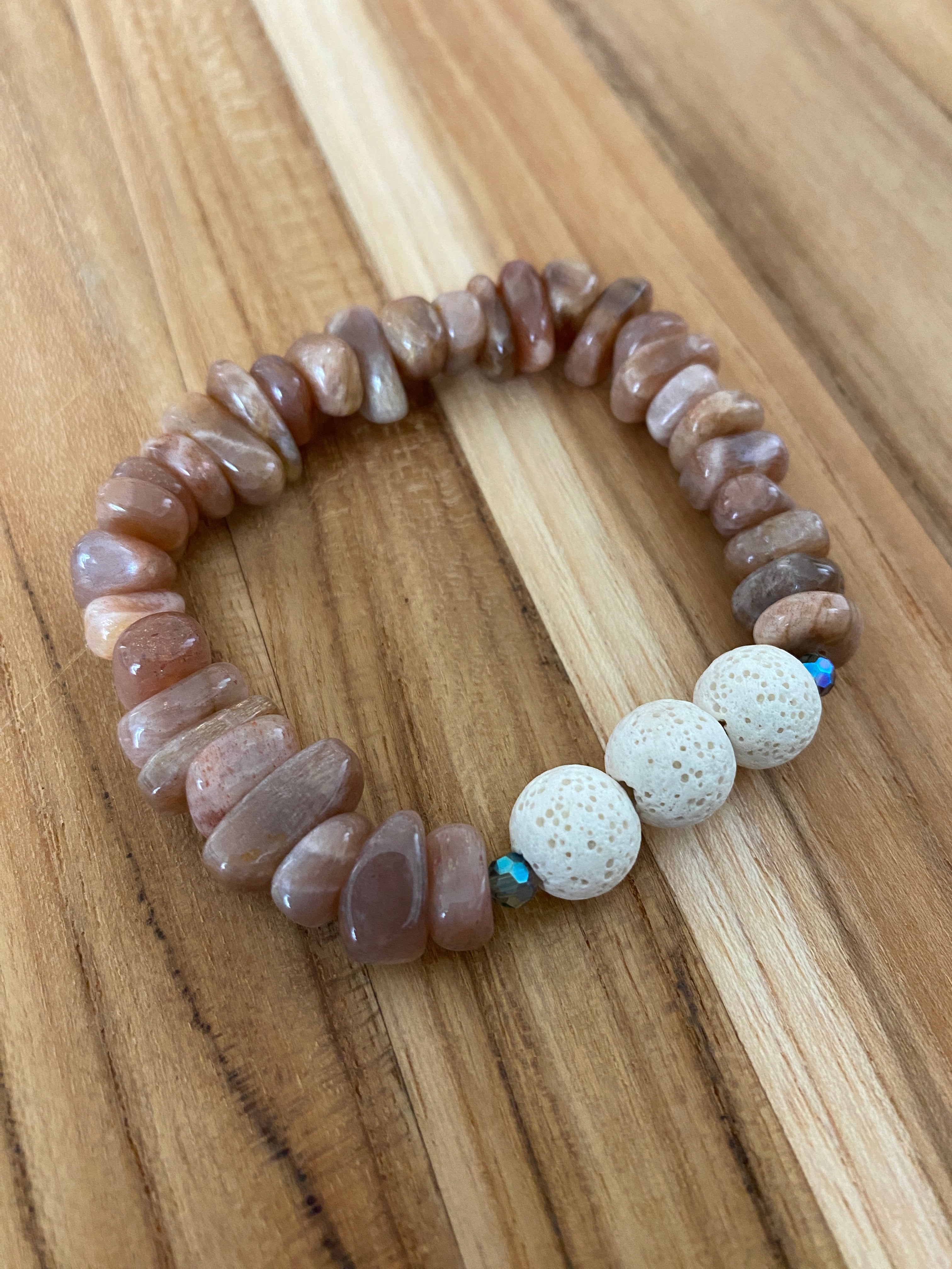 Sunstone Tumbled Chip Bead Aromatherapy Stretch Bracelet with Lava Stone