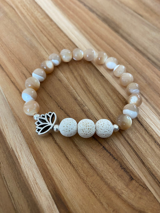 Essential Oil Diffuser Aromatherapy Mother of Pearl Stretchy Bracelet with Lotus Flower