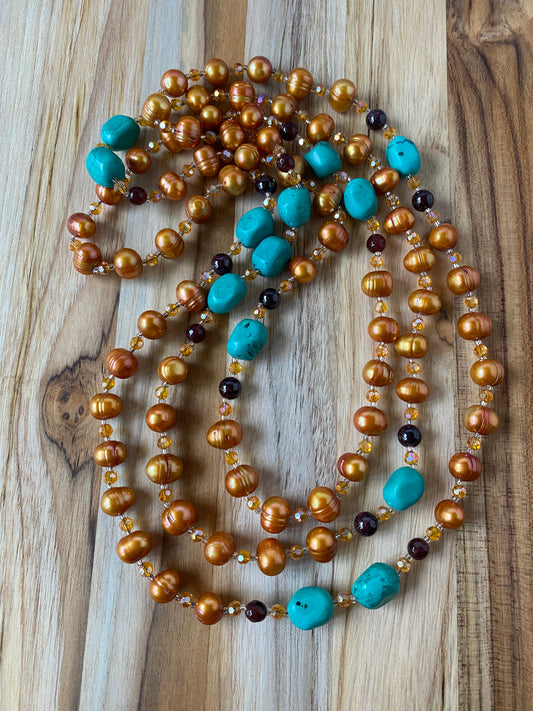 60" Extra Long Wraparound Orange Pearl Necklace with Turquoise, Garnet & Agate Beads