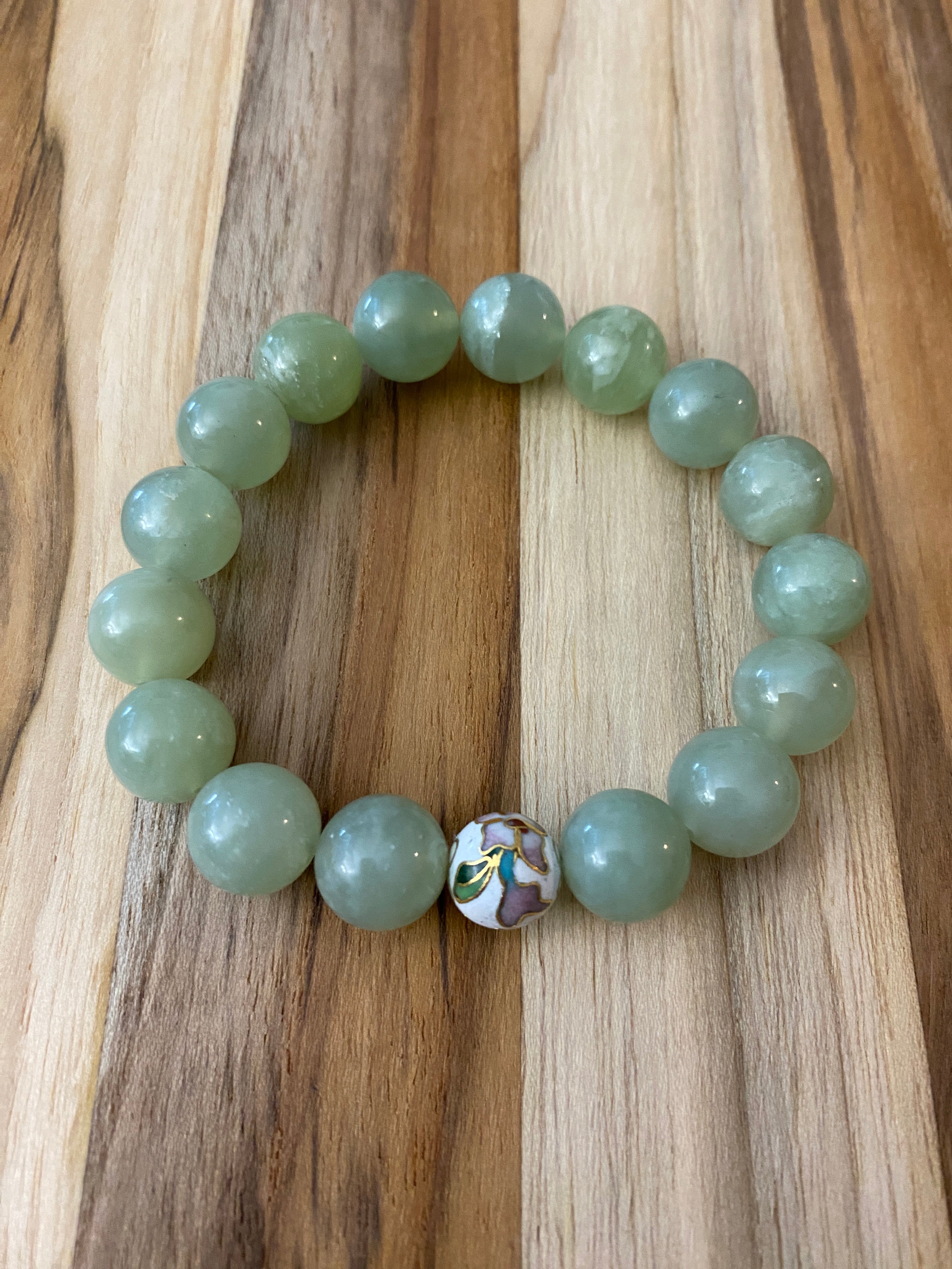 Bold Light Green Jade Beaded Stretch Bracelet with Cloisonné Bead - My Urban Gems