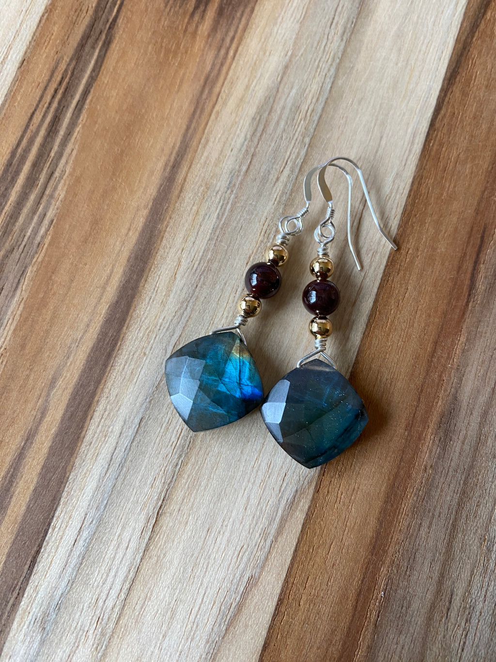 Stunning Blue Flash Labradorite Briolette Dangle Earrings with Garnet