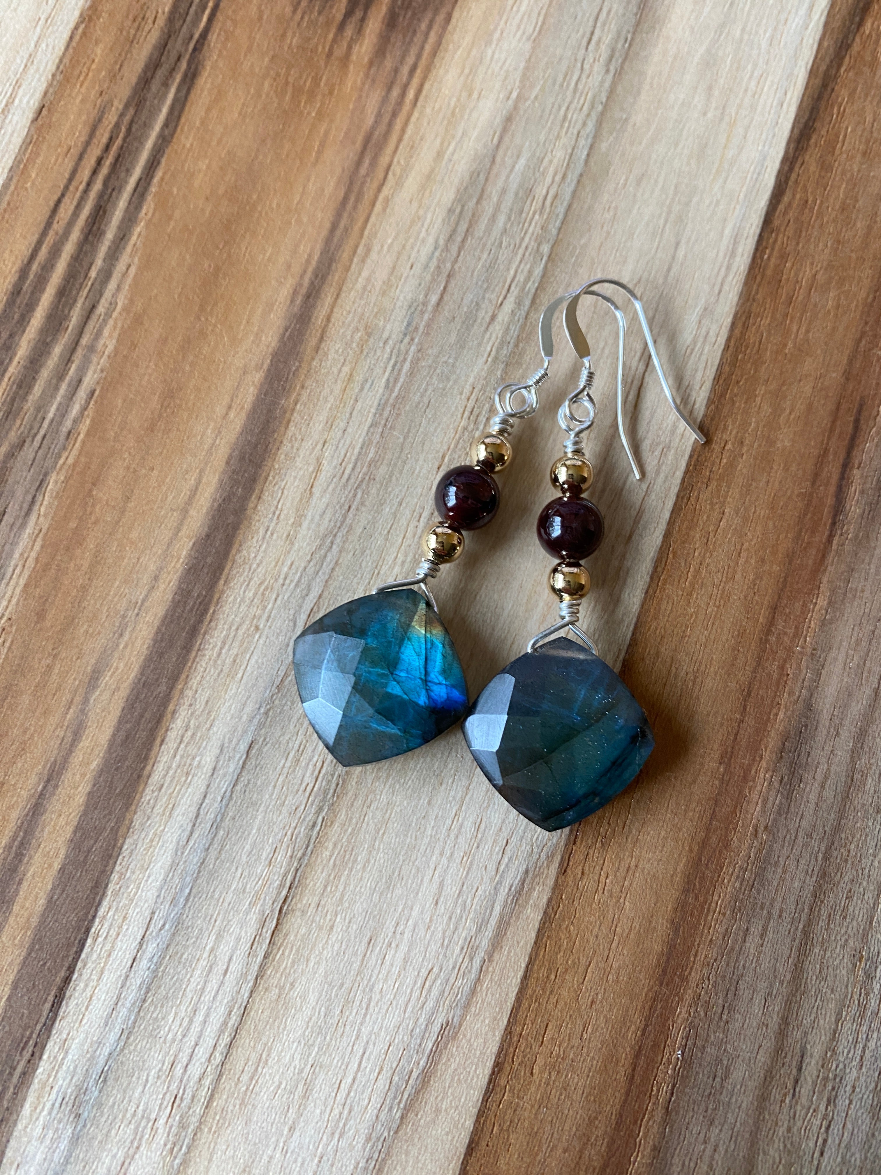 Stunning Blue Flash Labradorite Briolette Dangle Earrings with Garnet