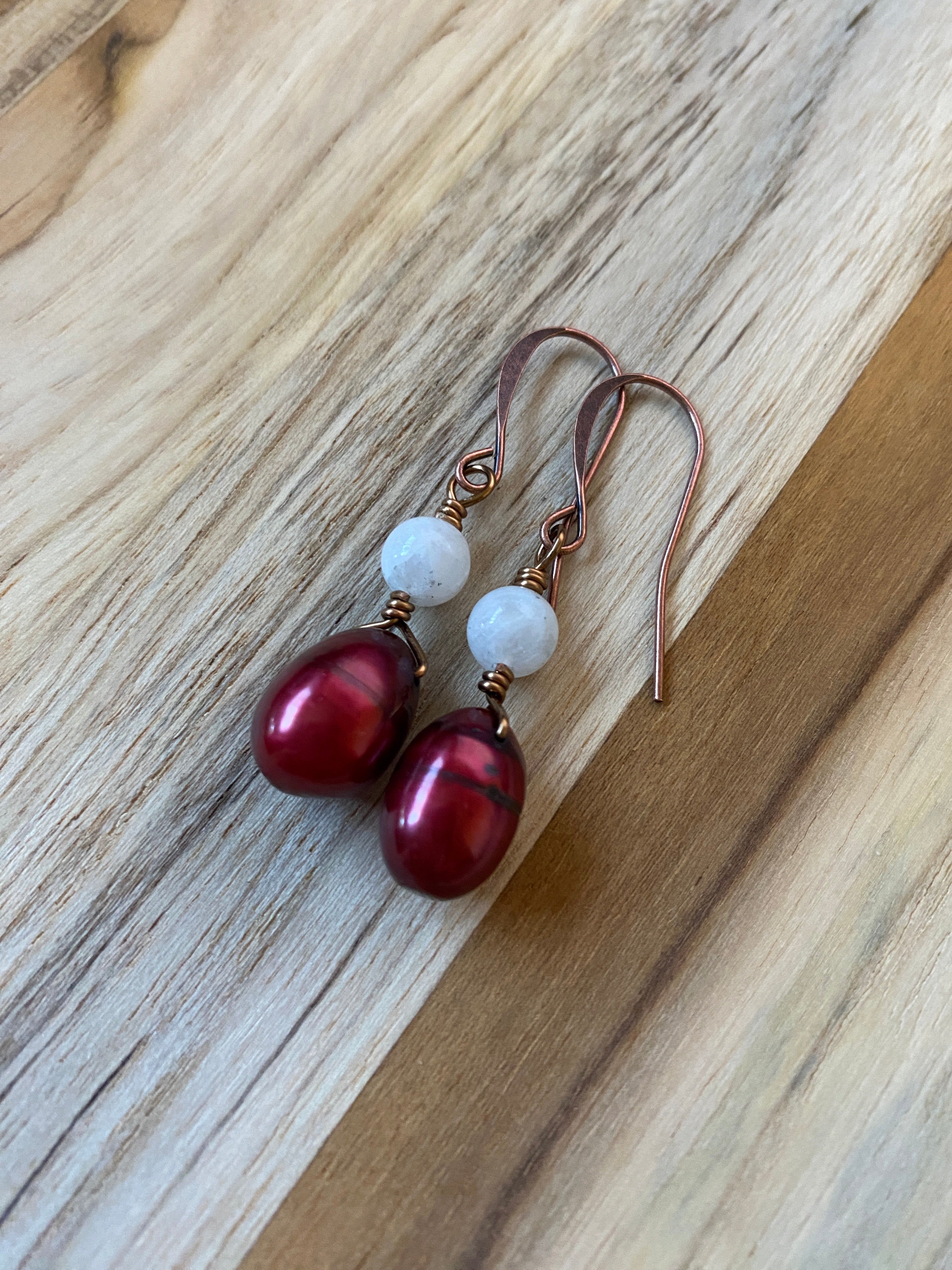 Cranberry Freshwater Pearl and Moonstone Dangle Earrings