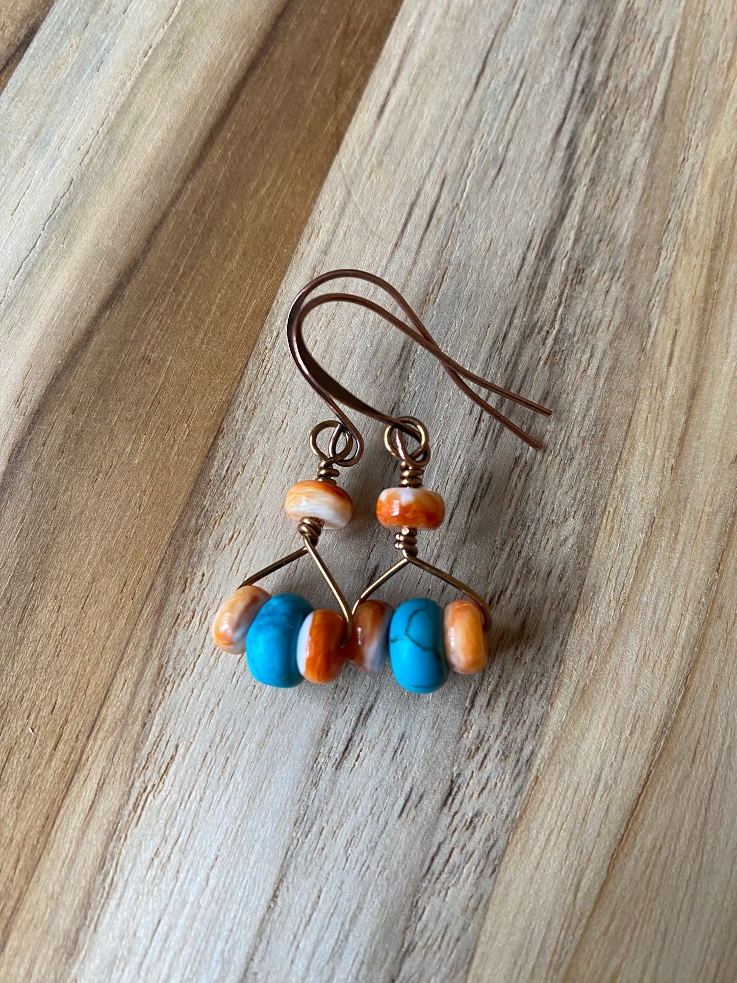 Orange Spiny Oyster and Natural Turquoise Earrings with Copper