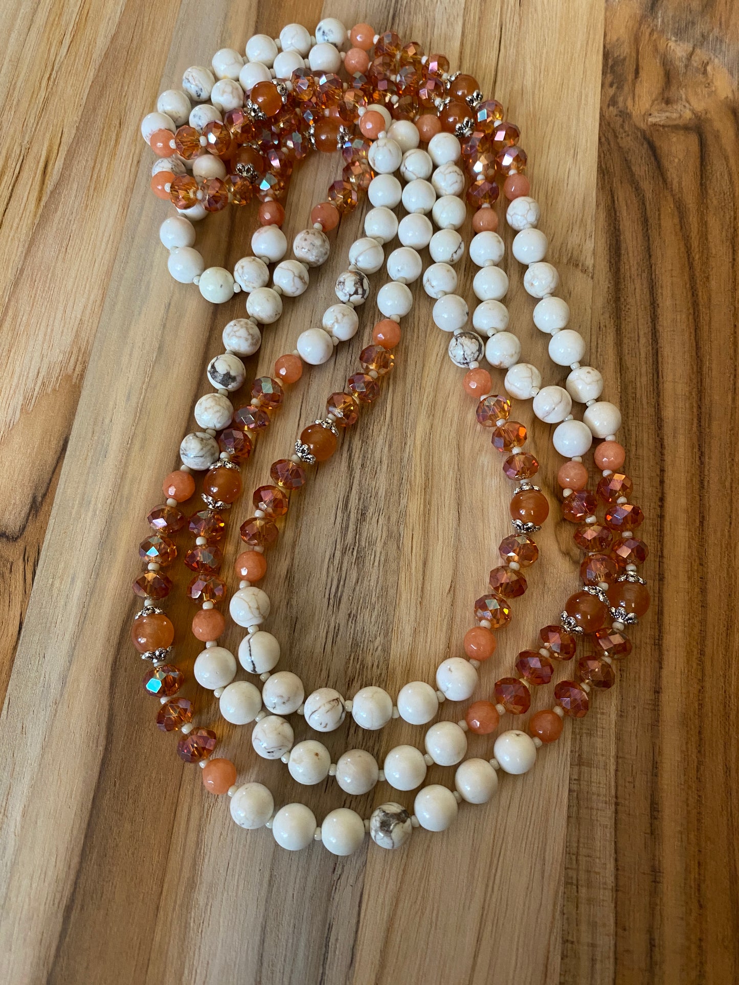 62" Long White Turquoise Multi-Wrap Necklace with Orange Jade & Crystal Beads - My Urban Gems