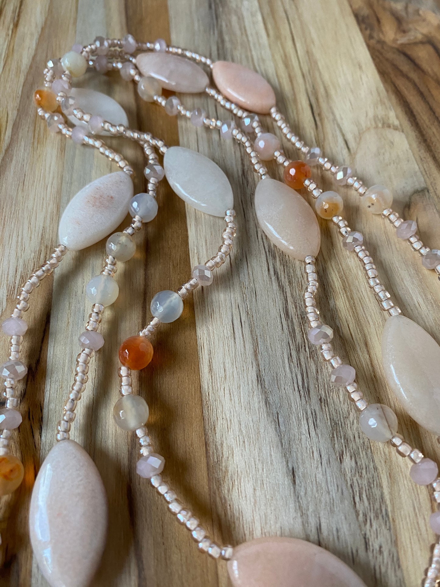 60" Pink/Peach Aventurine & Crystal Necklace - My Urban Gems