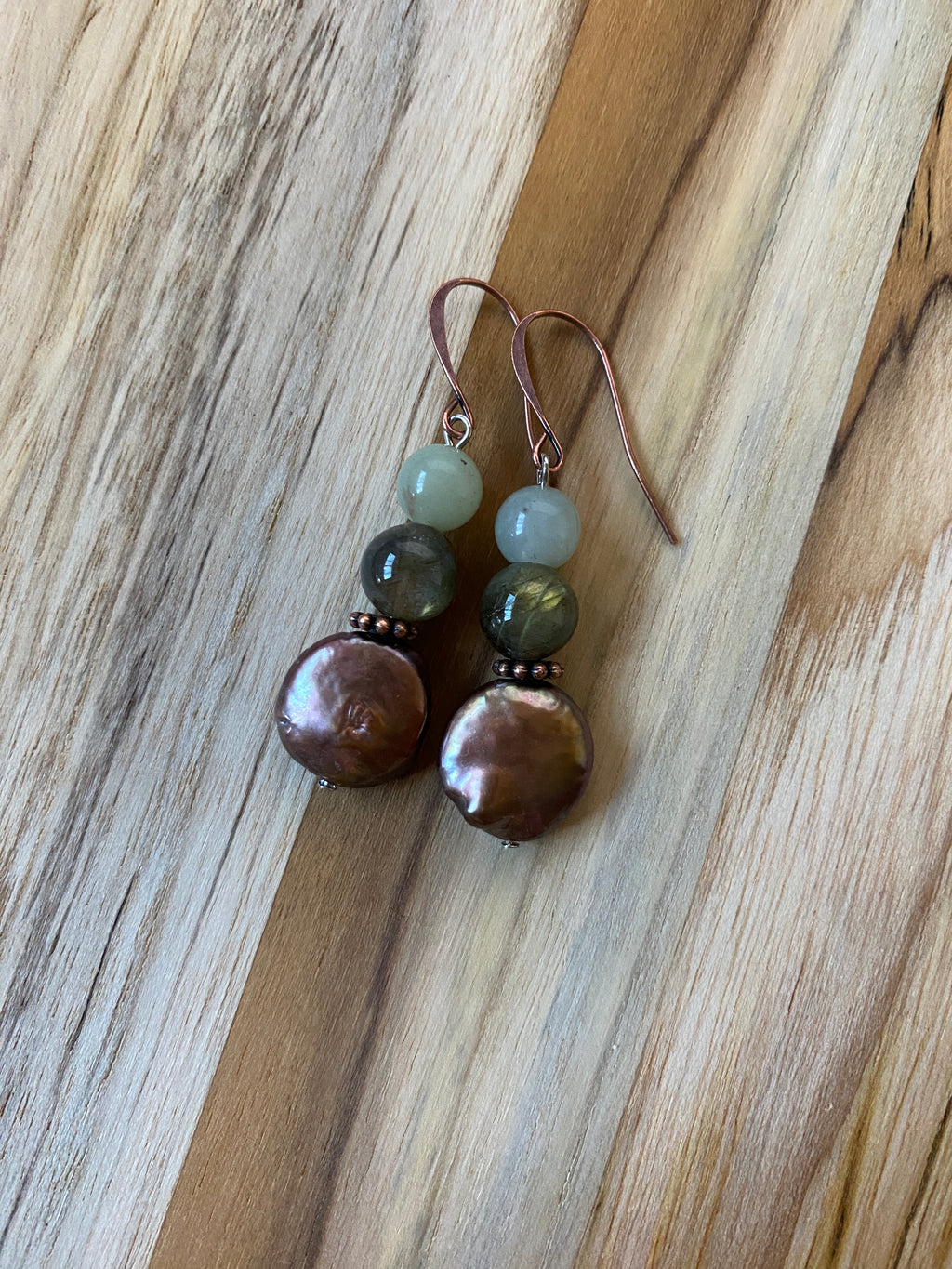 Coin Pearl Labradorite and Aventurine Dangle Earrings
