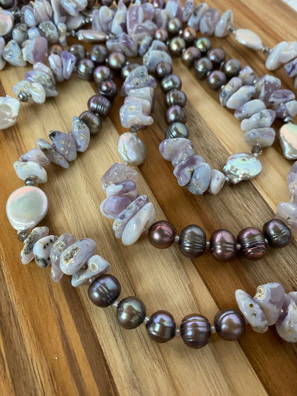 60" Extra Long Beaded Lavender Chalcedony and Pearl Necklace with Crystal Beads My Urban Gems