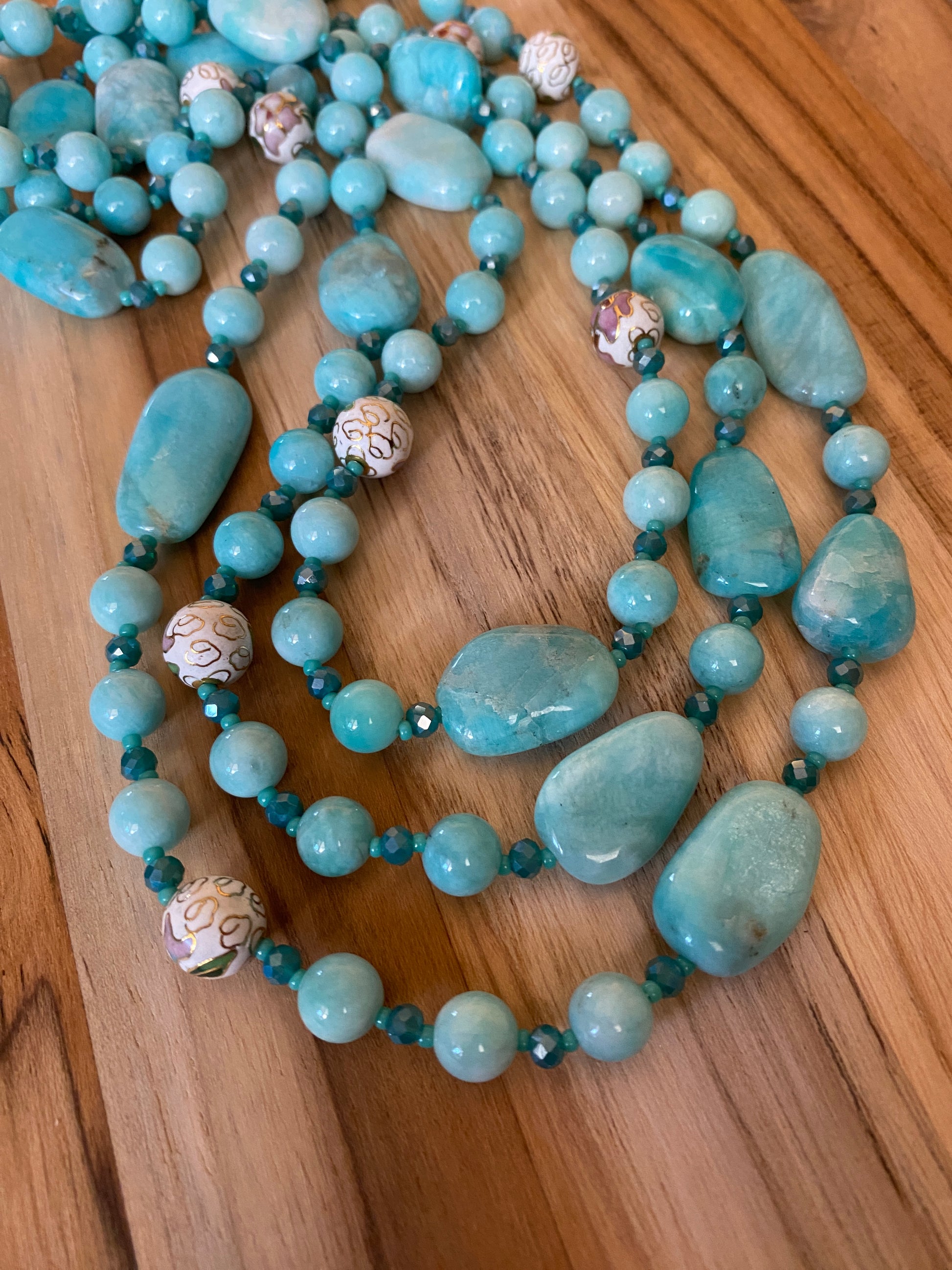 60" Extra Long Aqua Blue Beaded Amazonite Wraparound Necklace with Cloisonne & Crystal Beads My Urban Gems