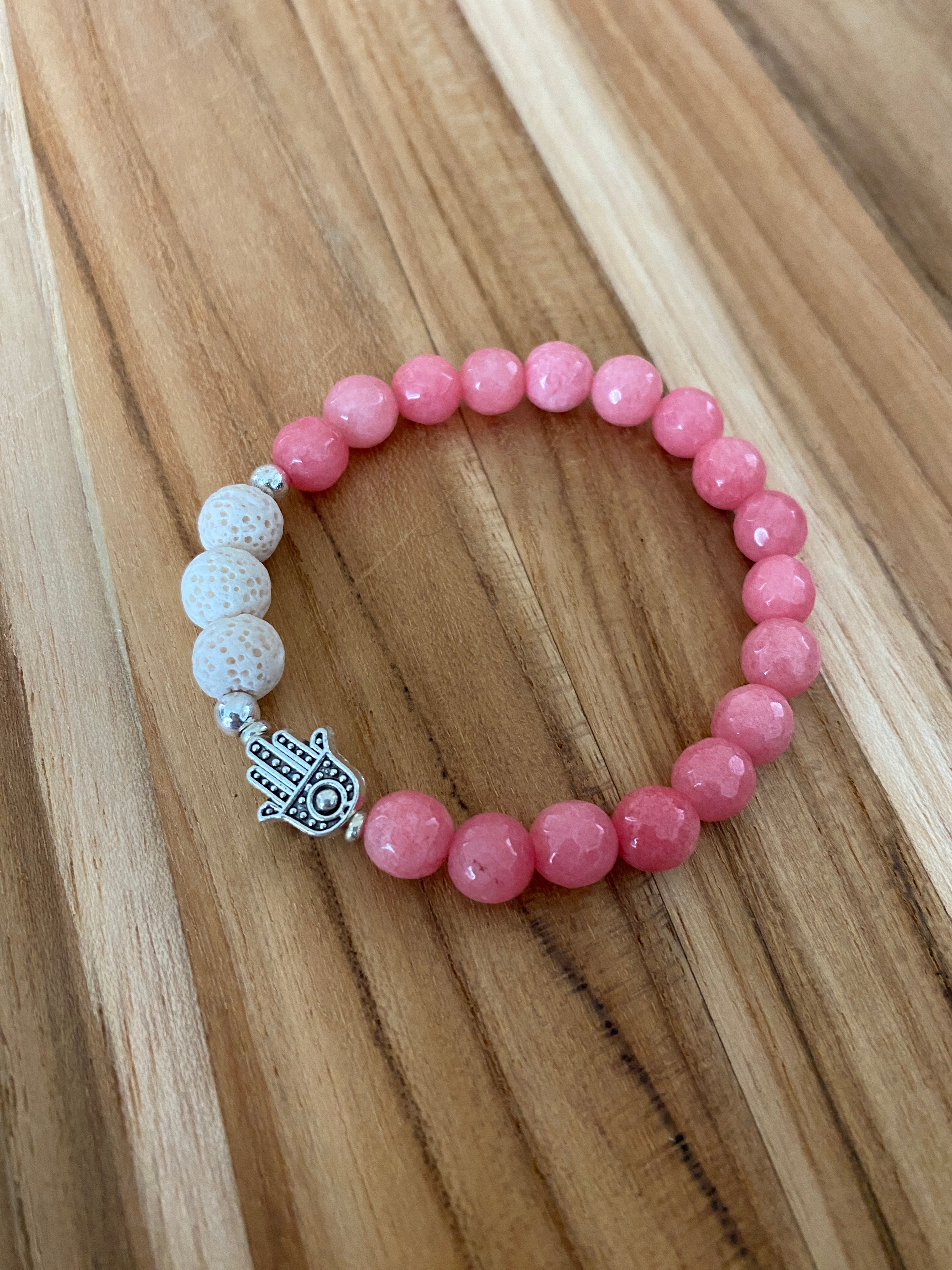 Pink Faceted Jade Beaded Aromatherapy Bracelet with Hamsa
