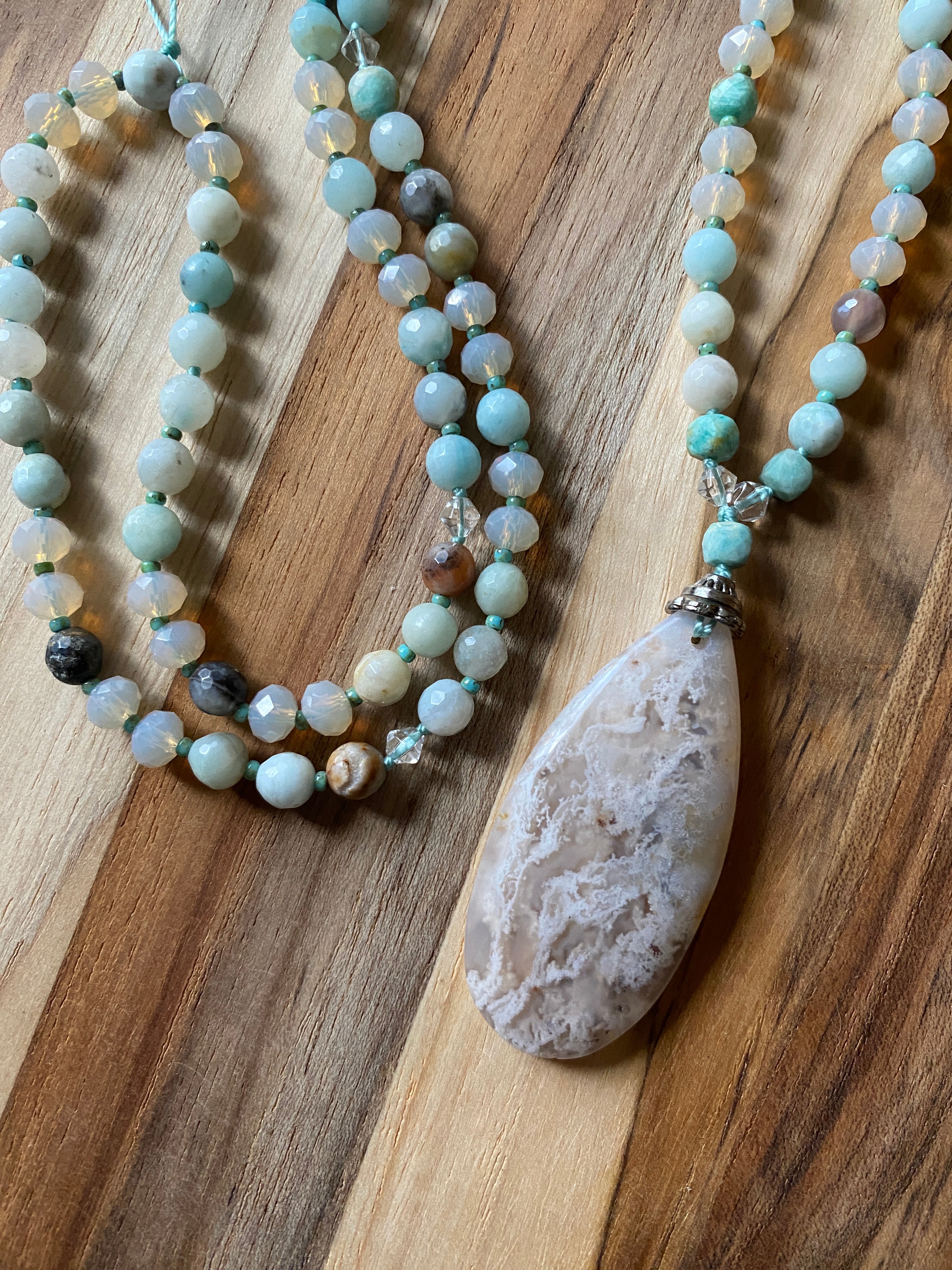Scenic Dendritic Agate Beaded Pendant Necklace with Amazonite