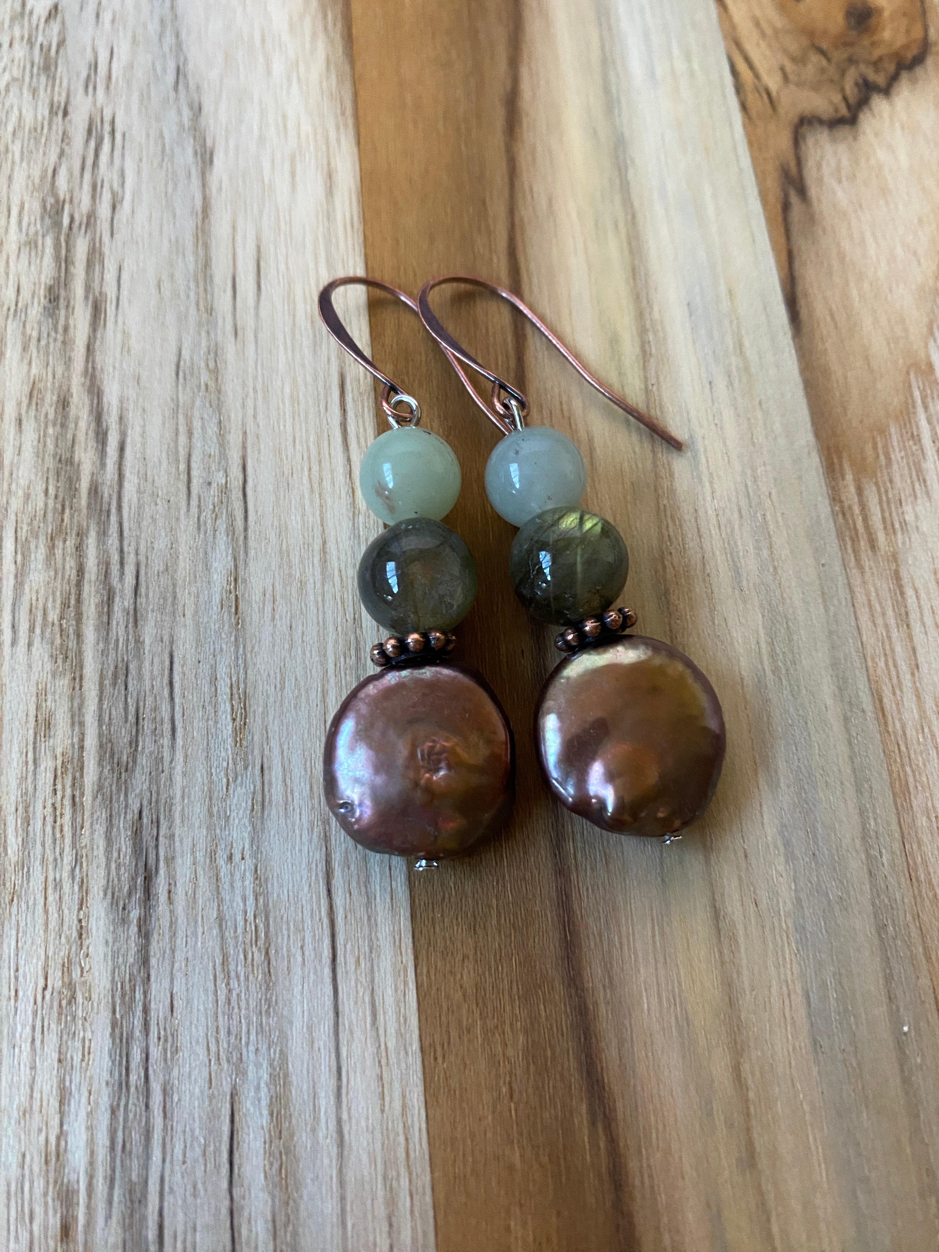 Coin Pearl Labradorite and Aventurine Dangle Earrings