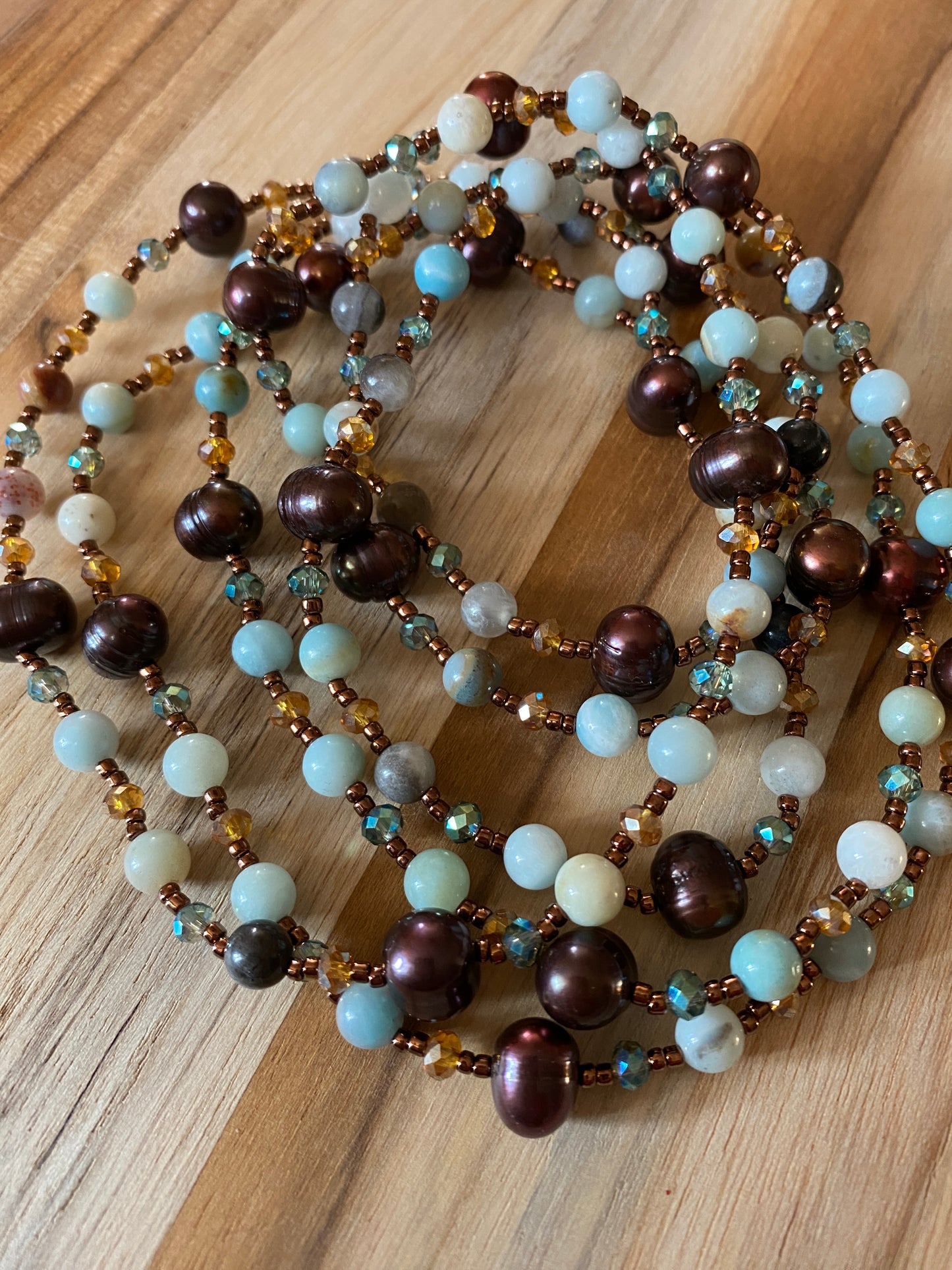 Extra Long Wraparound Dark Brown Chocolate Freshwater Pearl Beaded Necklace with Amazonite and Crystal Beads