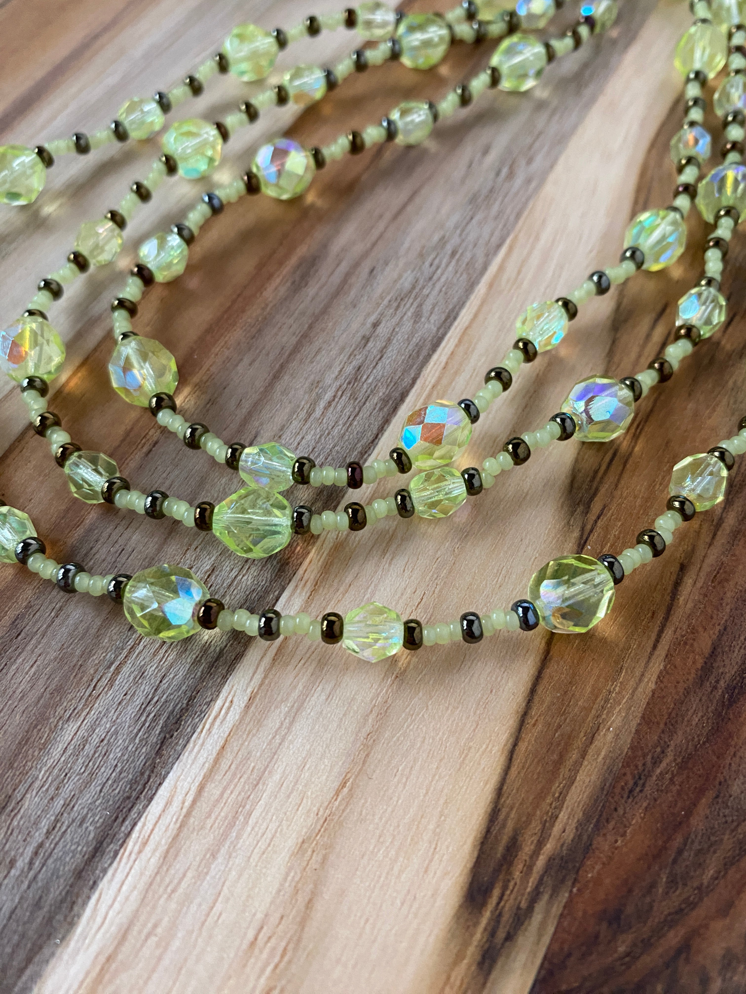 60" Extra Long Wraparound Jonquil AB Yellow Glass Necklace with Bronze seed beads - My Urban Gems