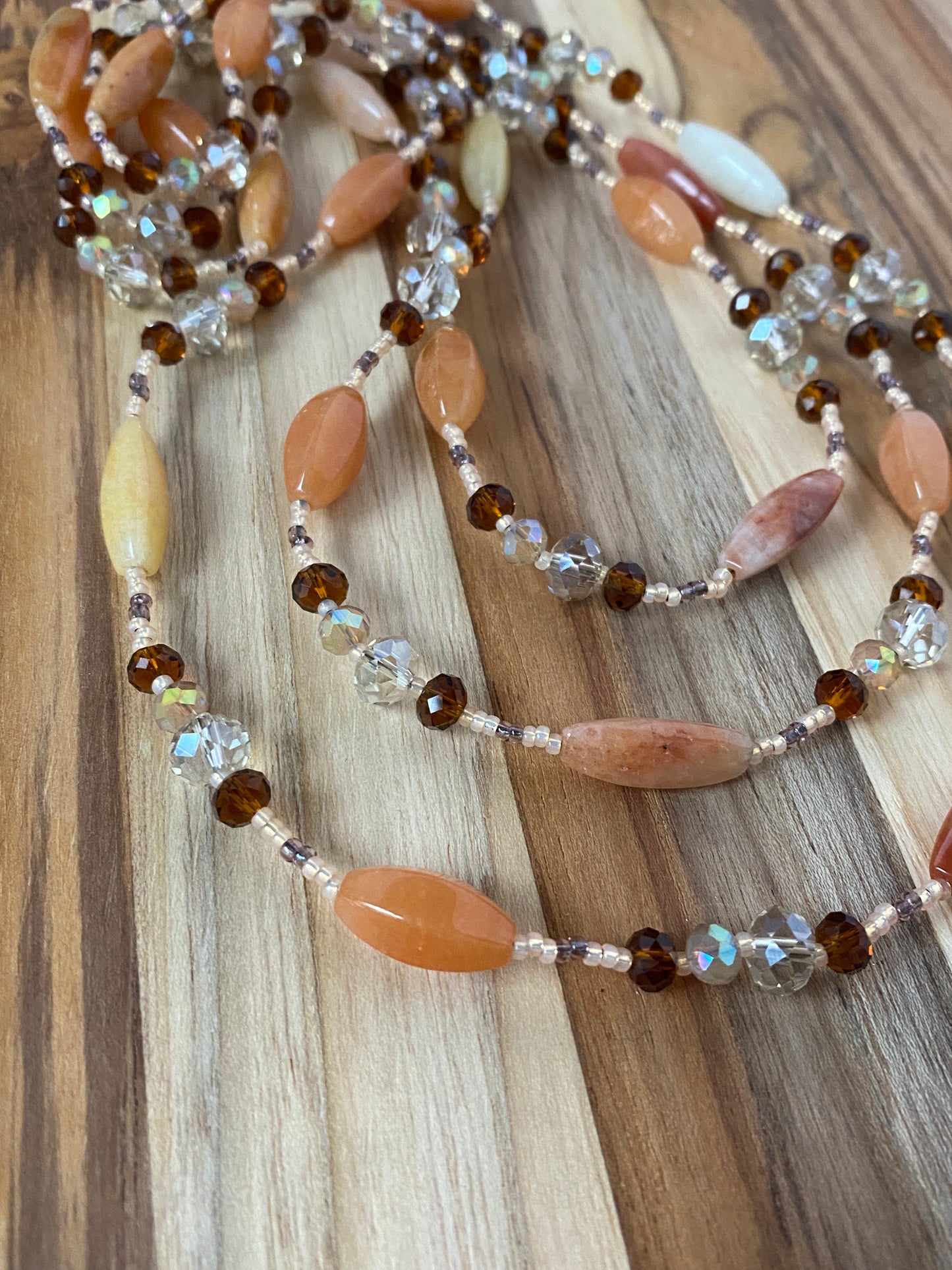 60" Extra Long Agate Beaded Necklace with Brown & Champagne Crystal Beads