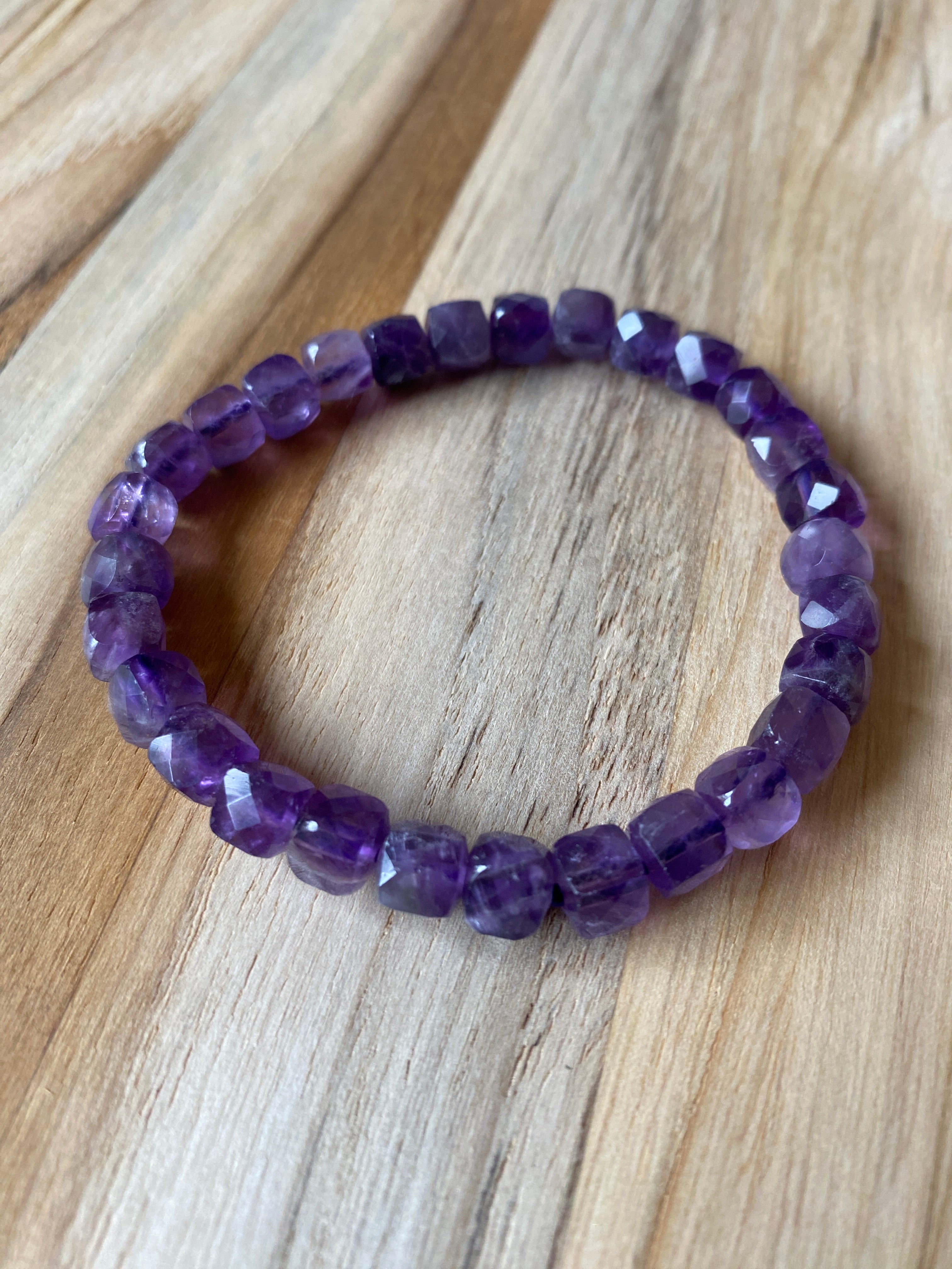 Faceted Square Bead Amethyst Stretch Bracelet