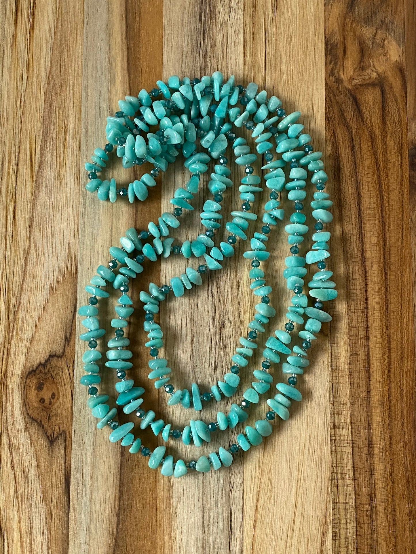 60" Extra Long Beaded Wraparound Amazonite Chip Bead Necklace with Crystals