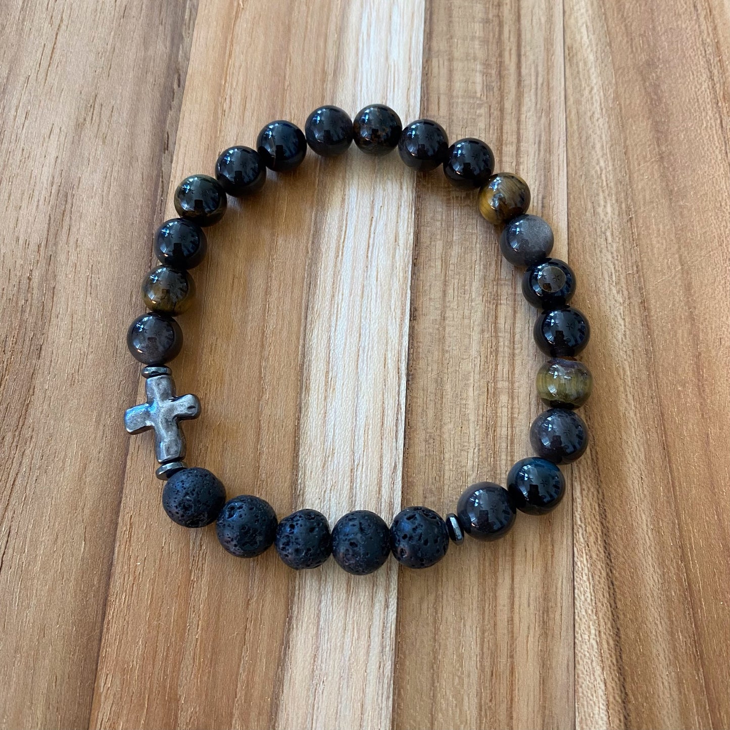 Unisex Aromatherapy Beaded Stretch Bracelet with Tigereye & Black Lava Stone Beads