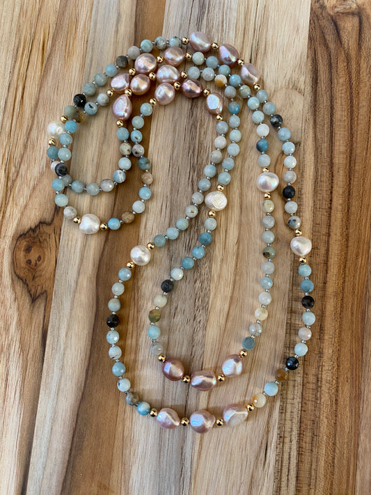 Long Beaded Amazonite Necklace with Pink and White Freshwater Pearl Beads
