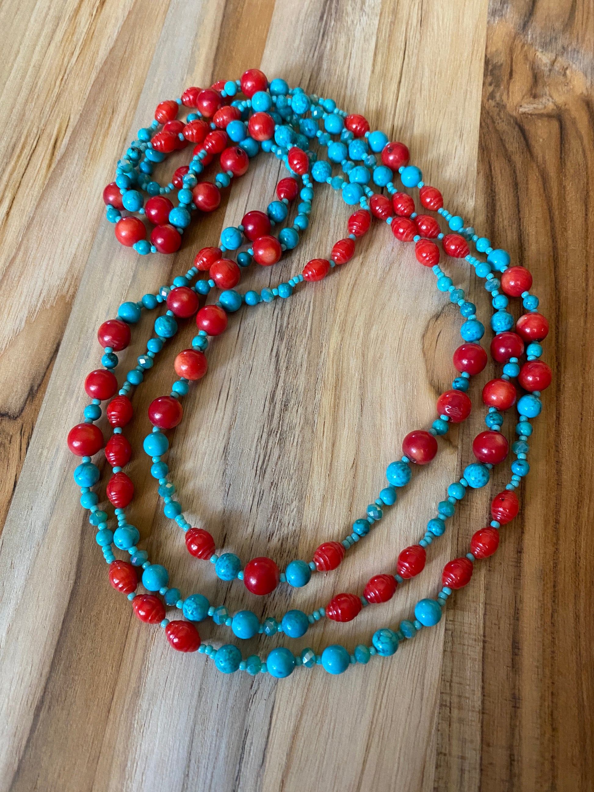 65" Long Southwestern Inspired Turquoise, Red & Crystal Beaded Necklace - My Urban Gems