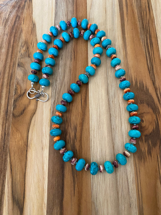 Turquoise and Spiny Oyster Beaded Necklace with Silver