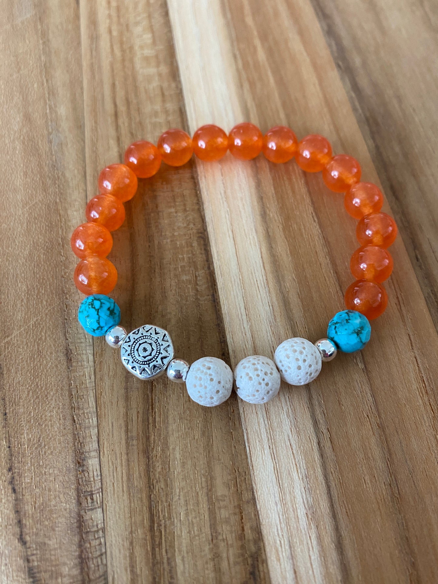 Essential Oil Diffuser Aromatherapy Orange Jade & Turquoise Stretchy Bracelet with Aztec Sun
