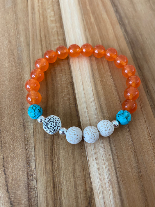 Essential Oil Diffuser Aromatherapy Orange Jade & Turquoise Stretchy Bracelet with Aztec Sun