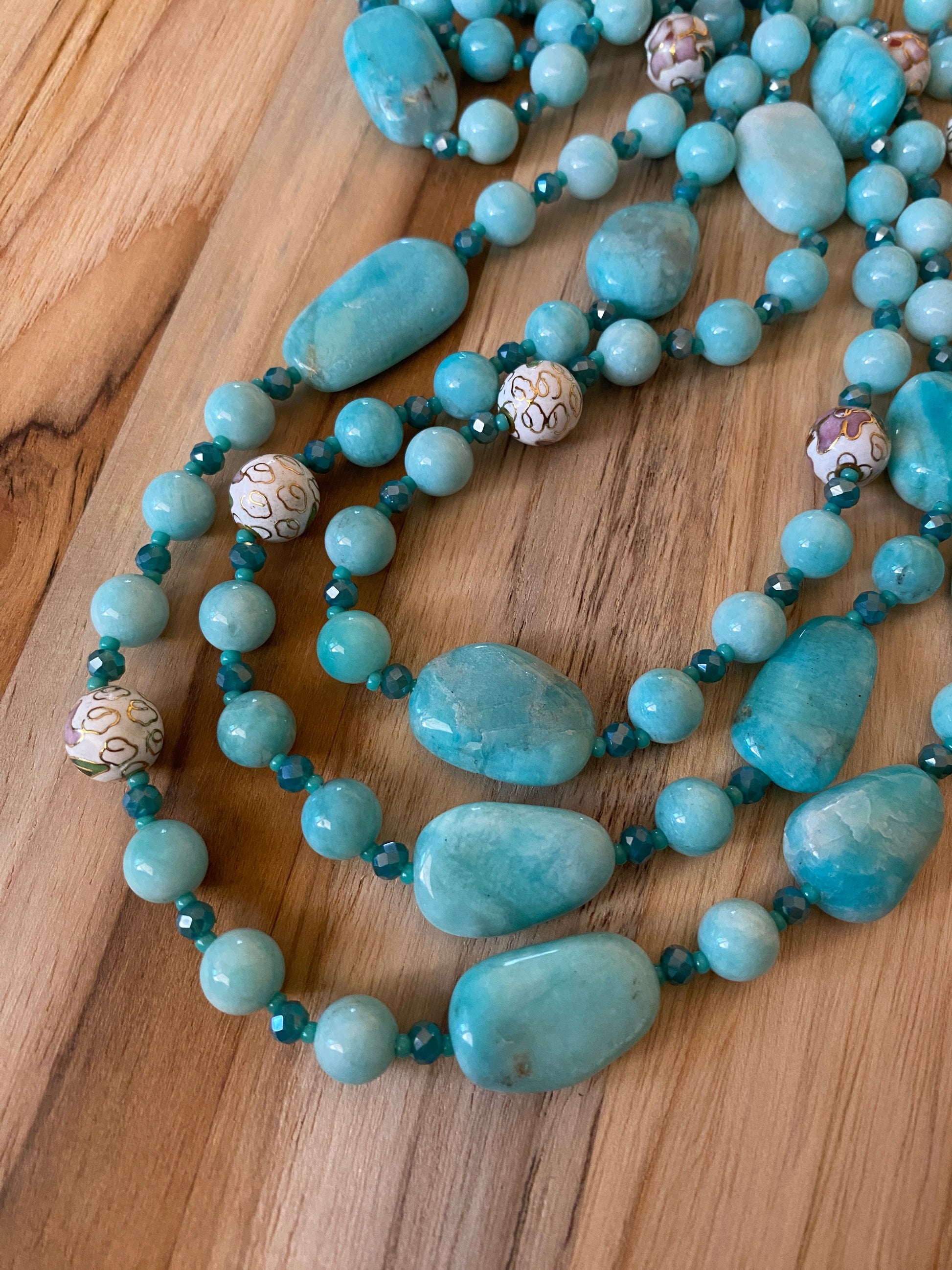 60" Extra Long Aqua Blue Beaded Amazonite Wraparound Necklace with Cloisonne & Crystal Beads My Urban Gems