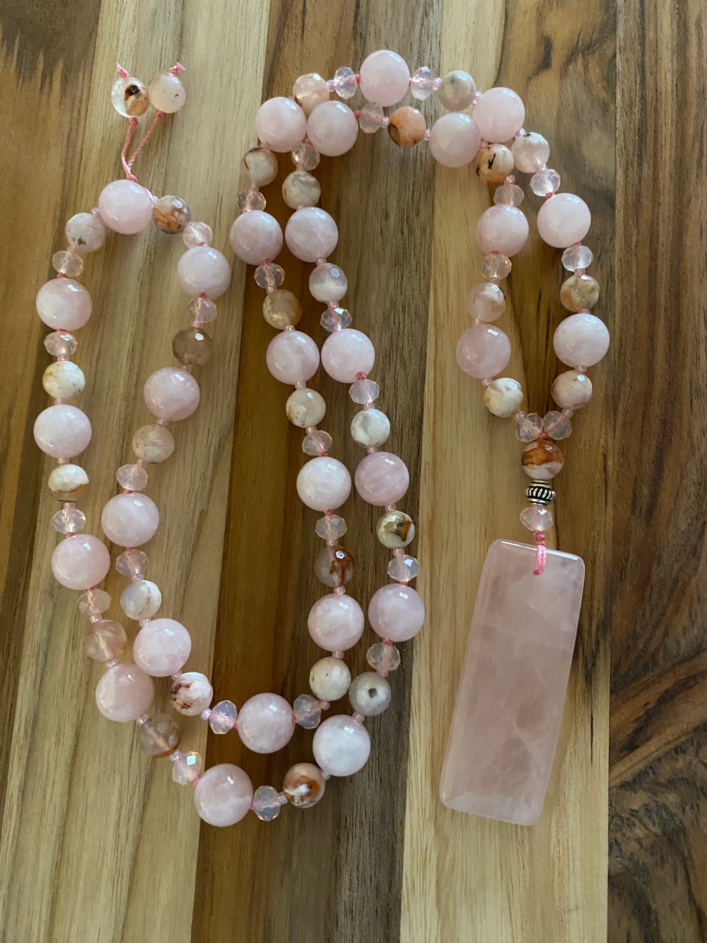 Long Madagascar Rose Quartz Beaded Necklace with Sakura Agate and Crystal Beads