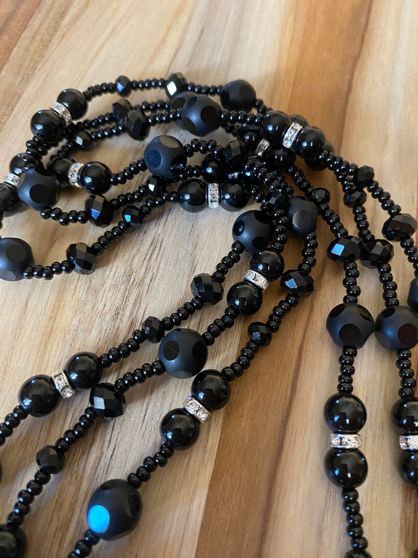 60" Extra Long Wraparound Style Beaded Necklace with Black Onyx and Glass Beads