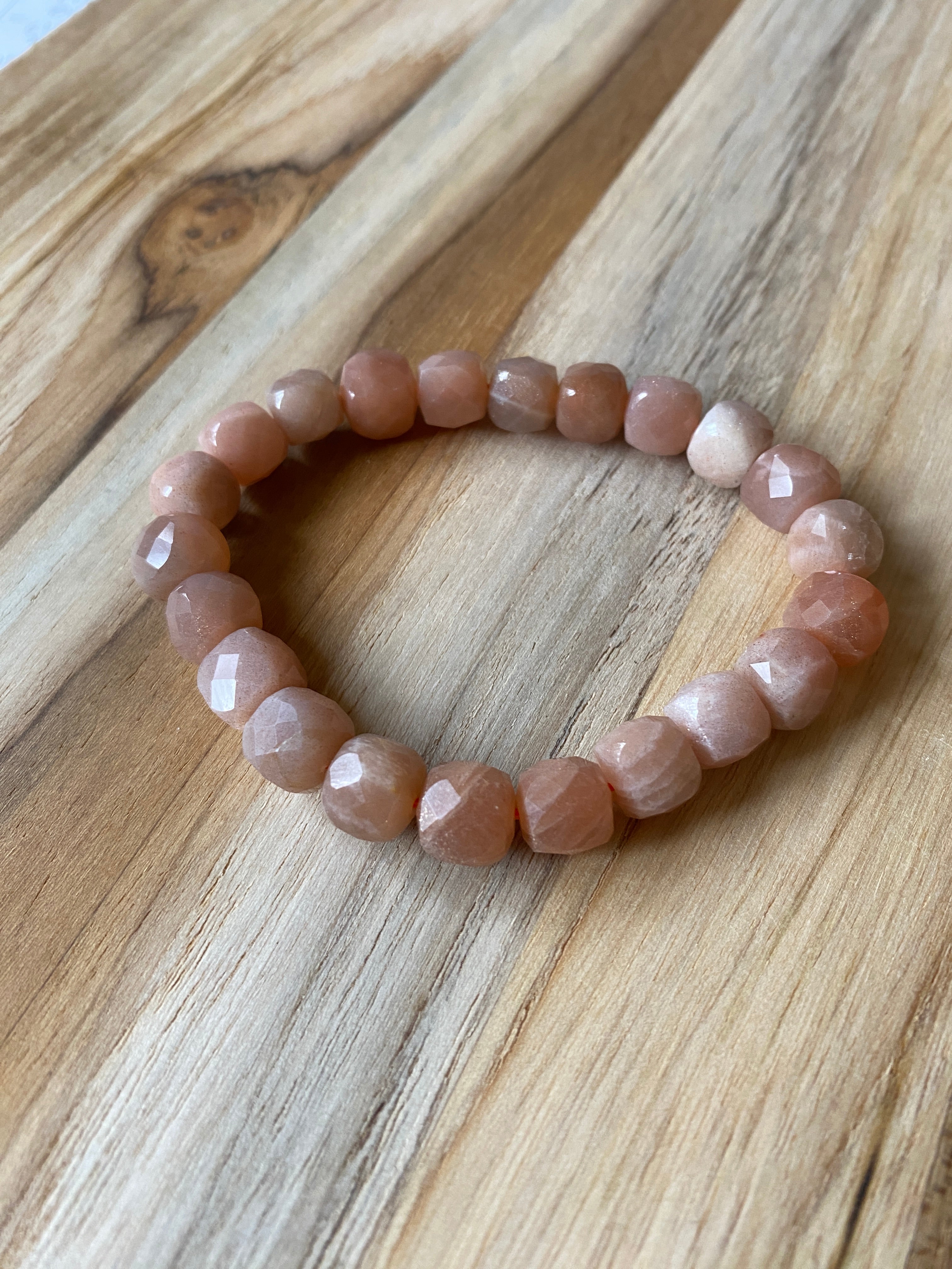 Peach Moonstone Faceted Square Beaded Stretch Bracelet