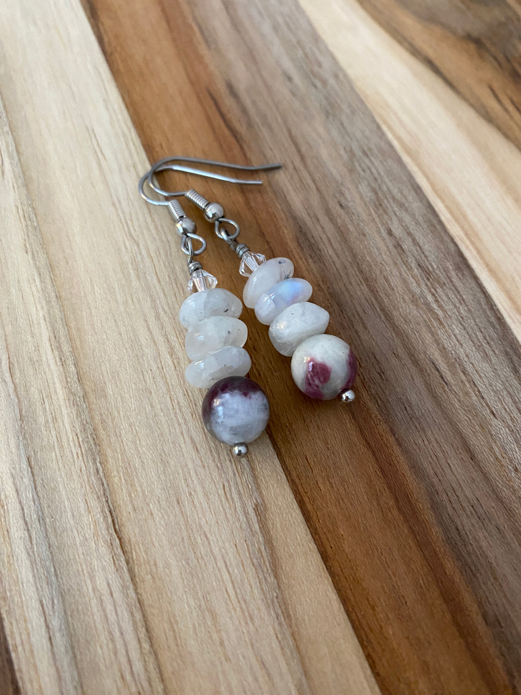Pink Flower Tourmaline Dangle Earrings with Moonstone & Crystal Beads - My Urban Gems