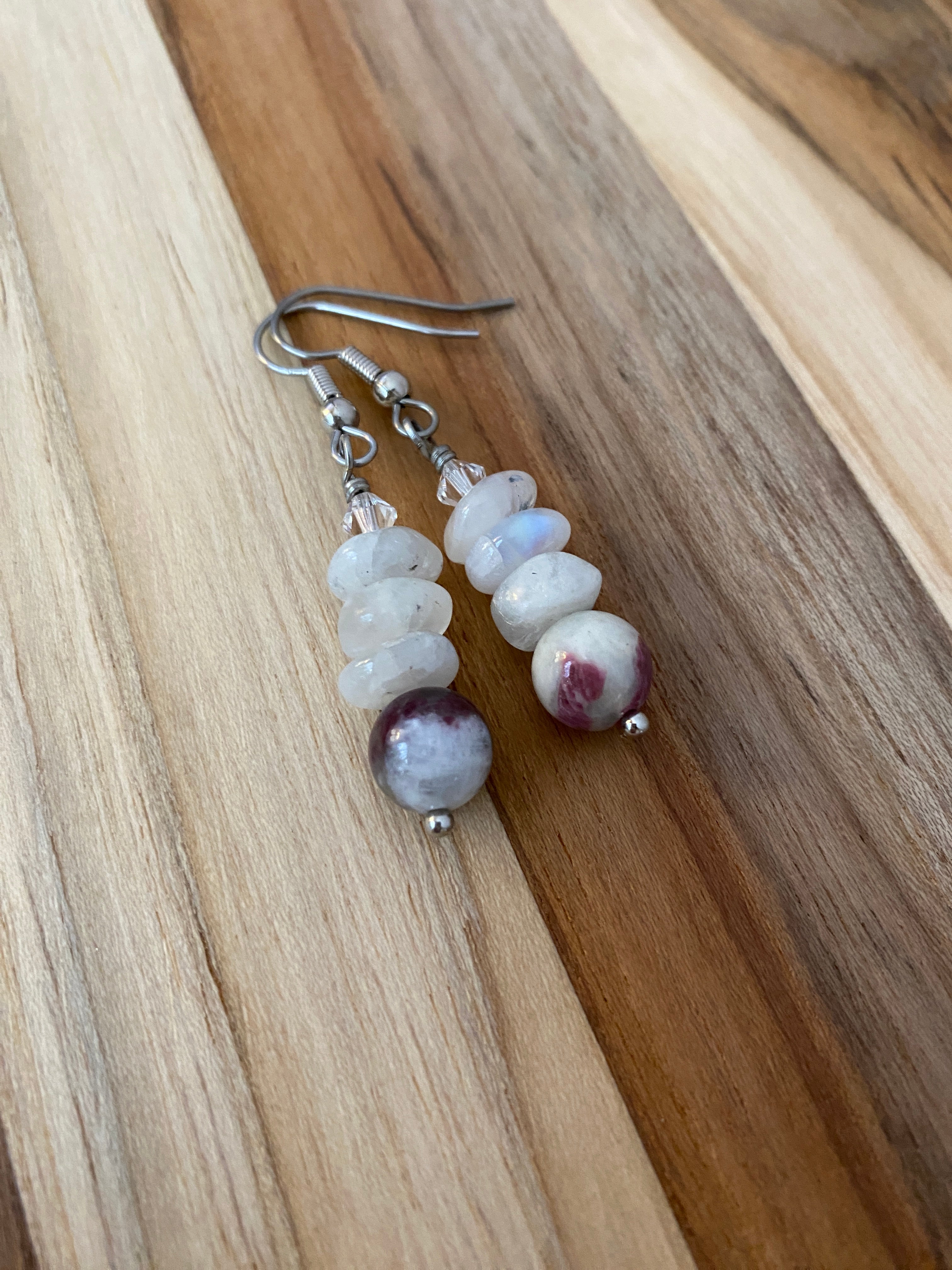 Pink Flower Tourmaline Dangle Earrings with Moonstone & Crystal Beads - My Urban Gems