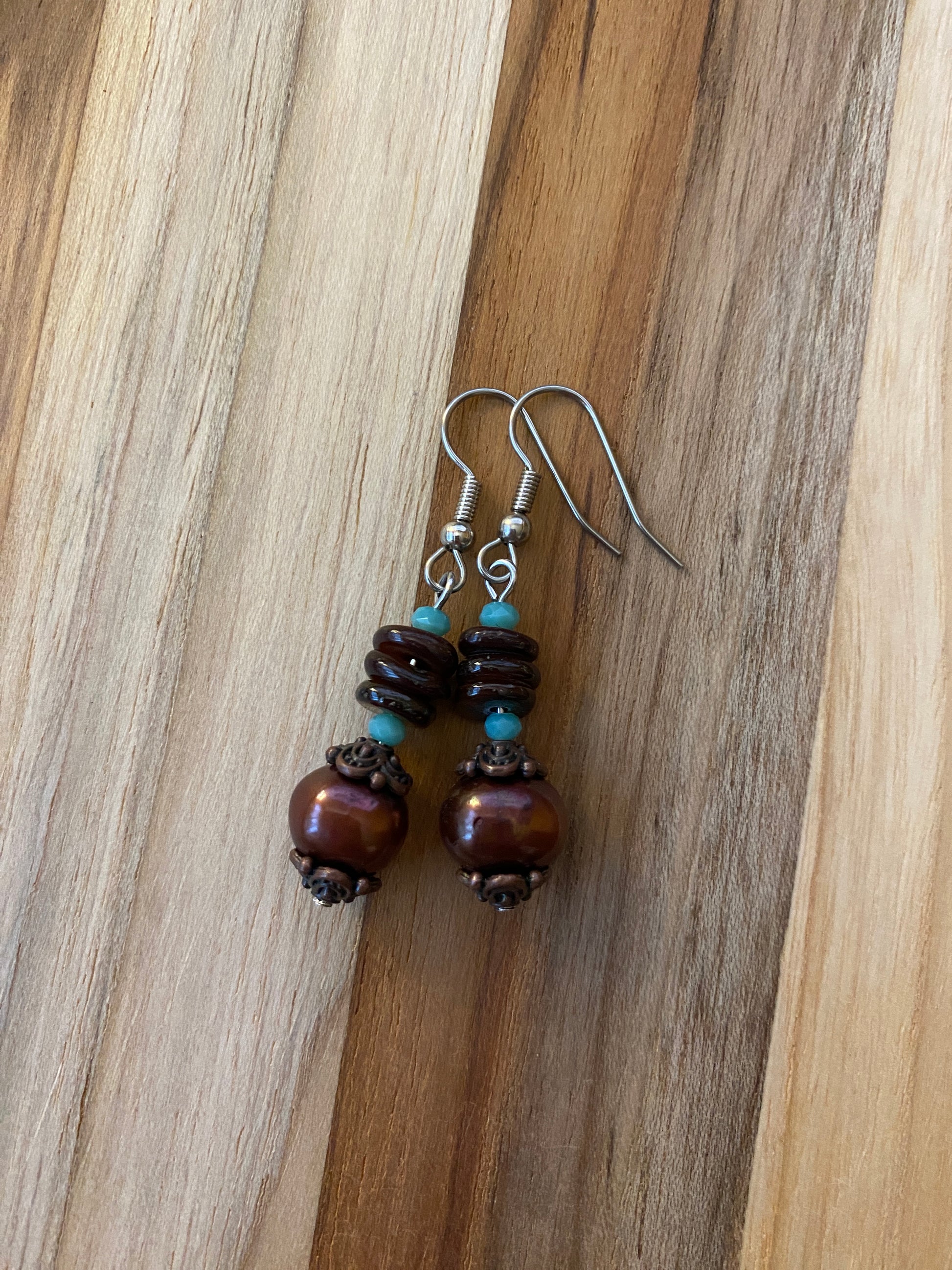 Chocolate Brown Freshwater Pearl, Shell, Turquoise Crystal & Copper Dangle Earrings - My Urban Gems