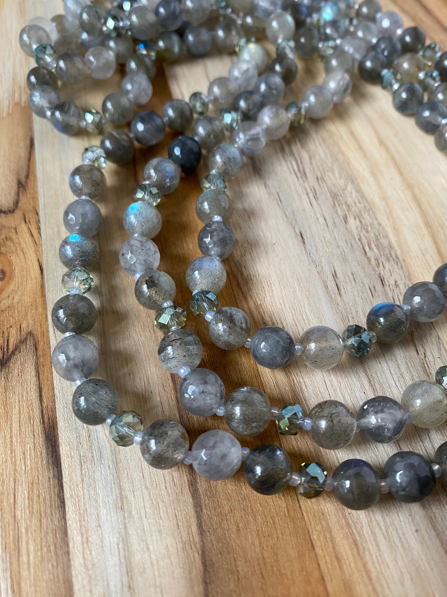 60" Extra Long Wraparound Necklace with Labradorite, Grey Quartz & Crystal Beads