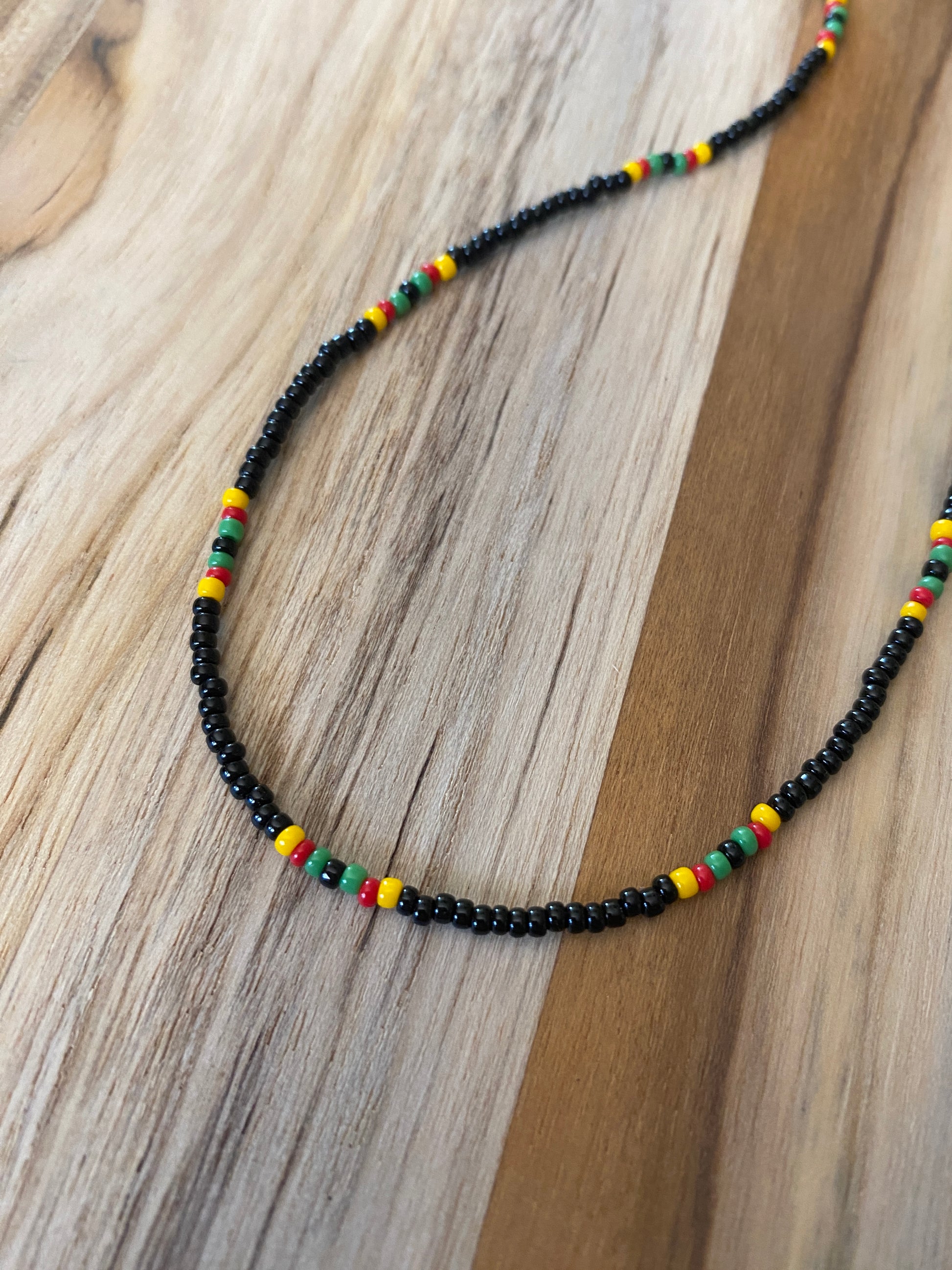 16” Dainty minimalist seed bead necklace Black with yellow red and green - My Urban Gems