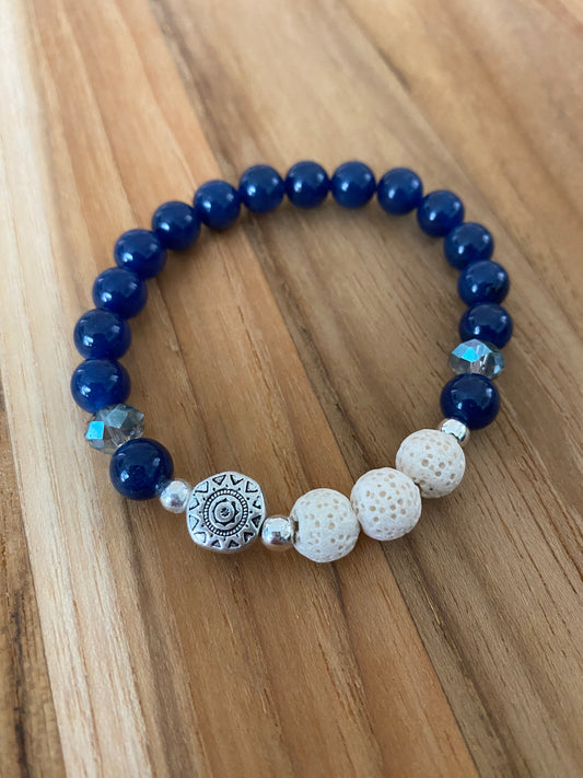 Sapphire Blue Stone Beaded Aromatherapy Stretch Bracelet with Aztec Sun