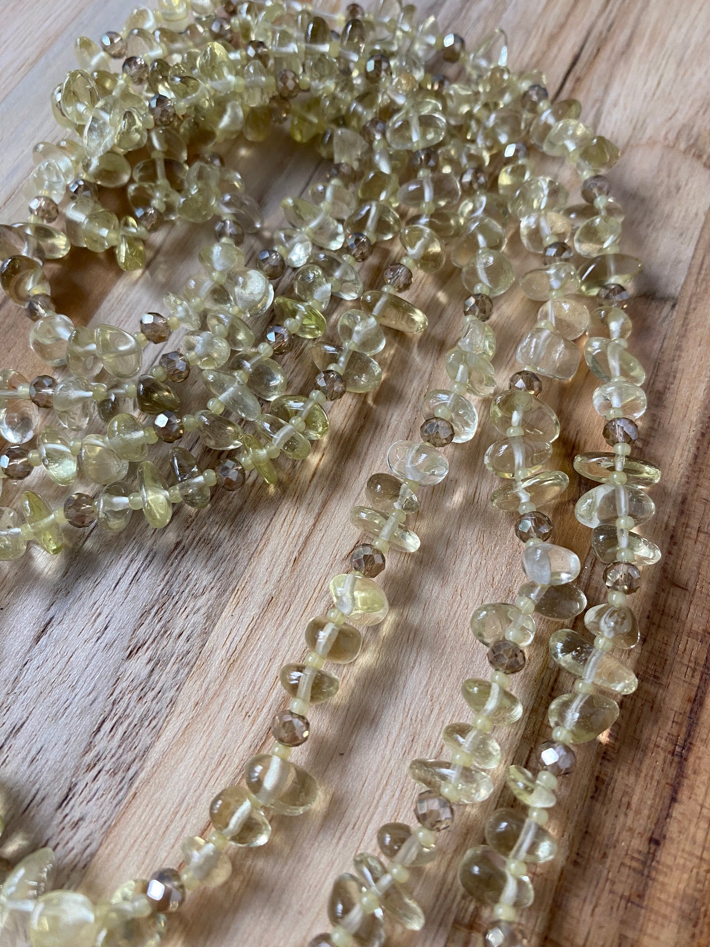 60" Extra Long Wraparound Lemon Quartz Tumble Chip Bead Necklace with Crystal Beads