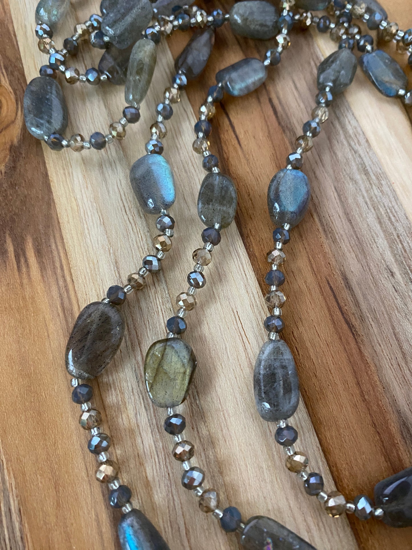 60" Long Wraparound Labradorite & Crystal Beaded Necklace