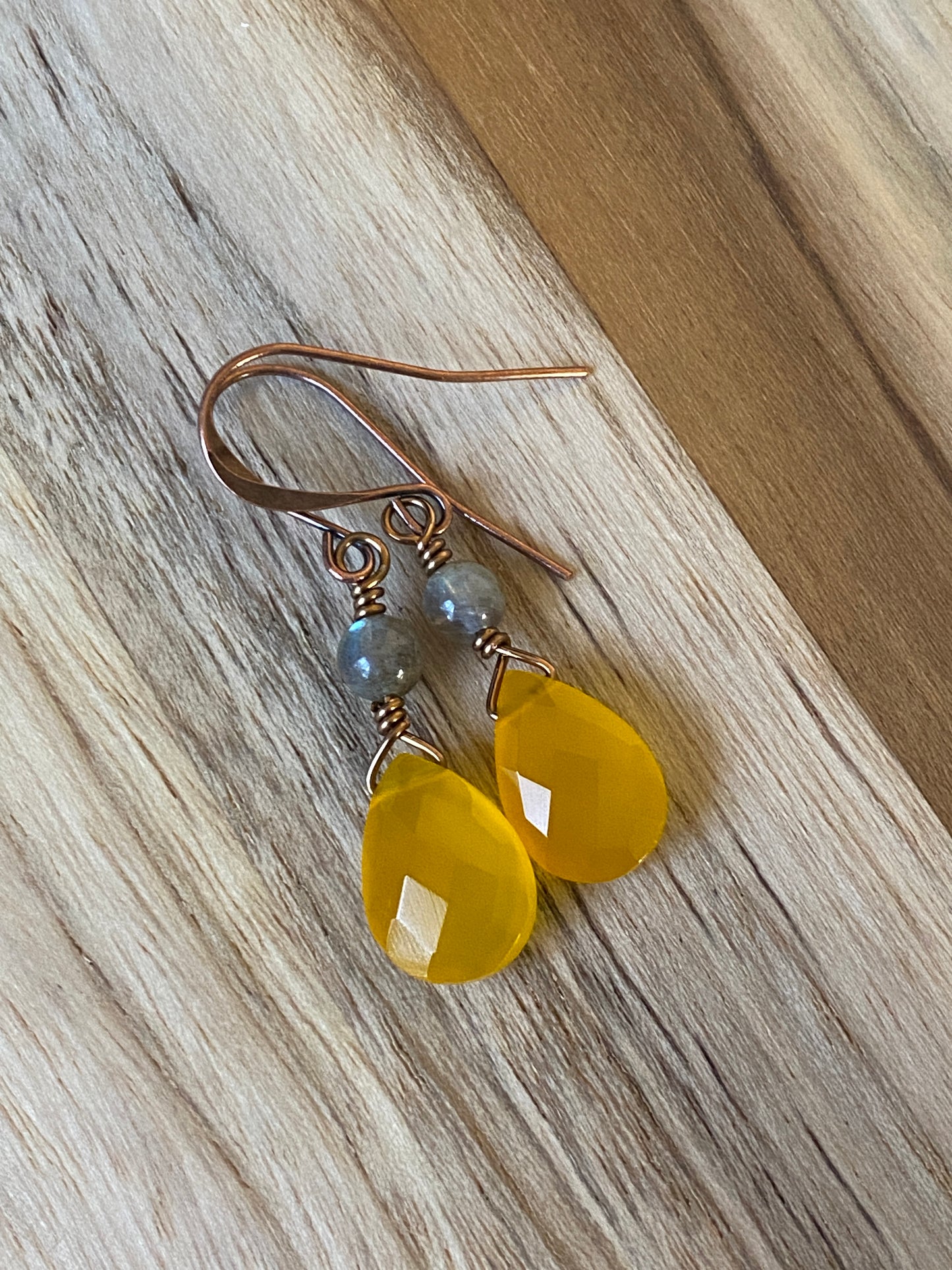 Mango Yellow Onyx Briolette Dangle Earrings with Labradorite and Copper